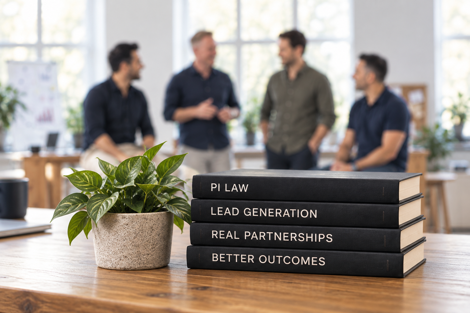 Stack of books titled PI Law, Lead Generation, Real Partnerships and Better Outcomes on a desk