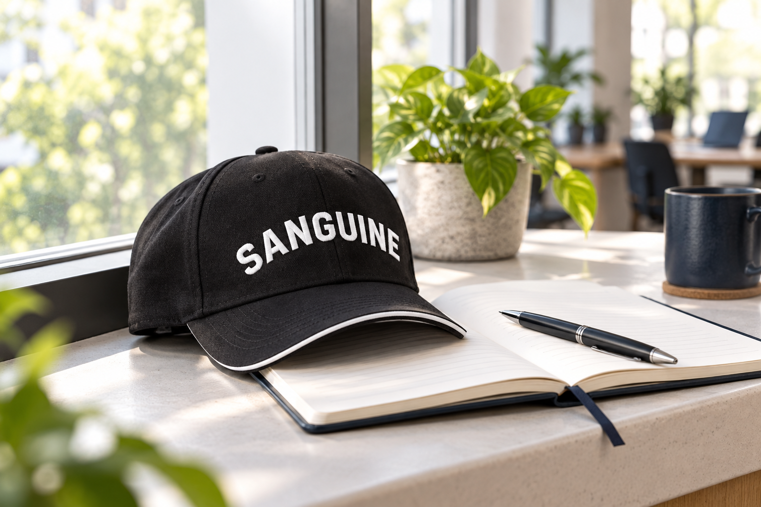 Sanguine cap resting on an open notebook in a bright office