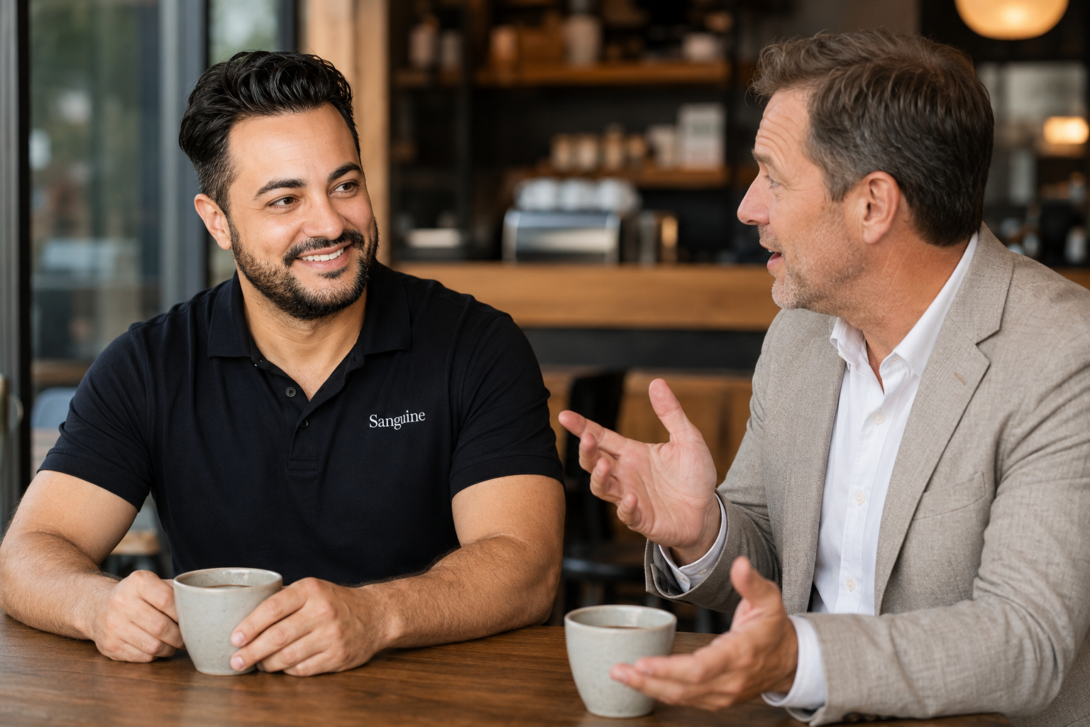 Sanguine advisor meeting with a client over coffee