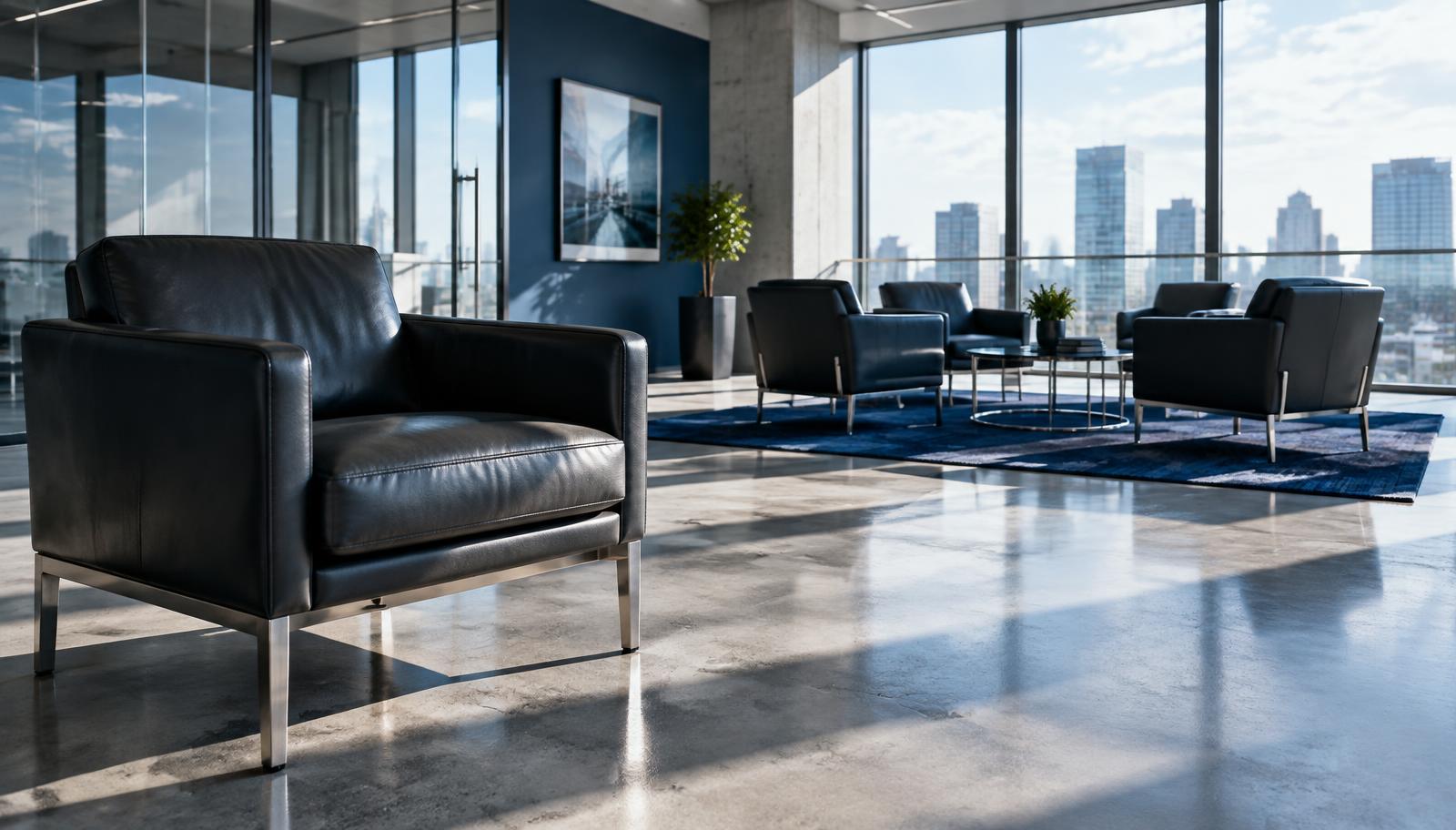 Single dark leather chair beside a group of chairs in a bright modern office