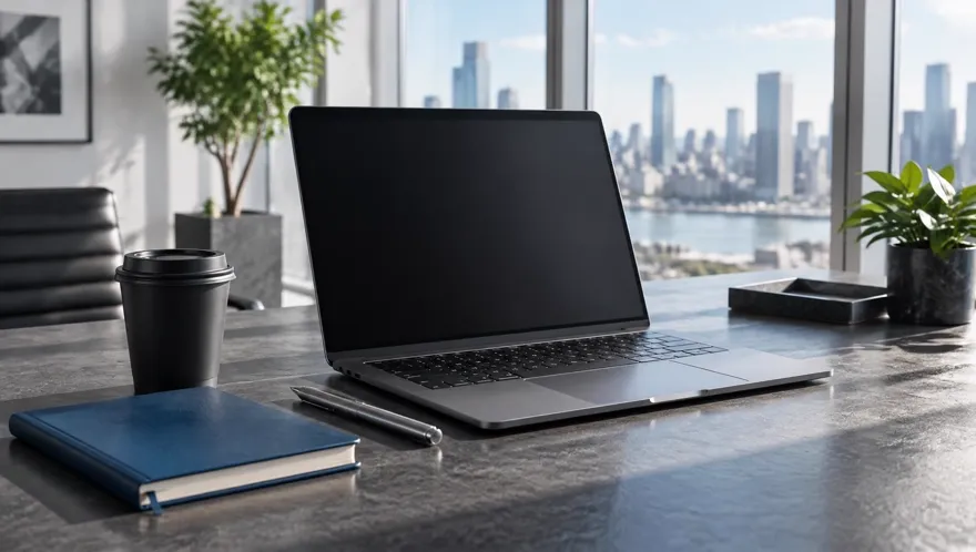 Laptop, black takeaway coffee cup and deep blue notebook on a concrete desk in a bright glass-walled office