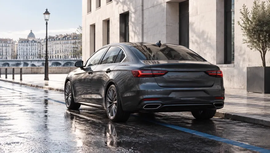 Dark grey sedan parked on a bright city street with wet asphalt and a deep blue painted road line