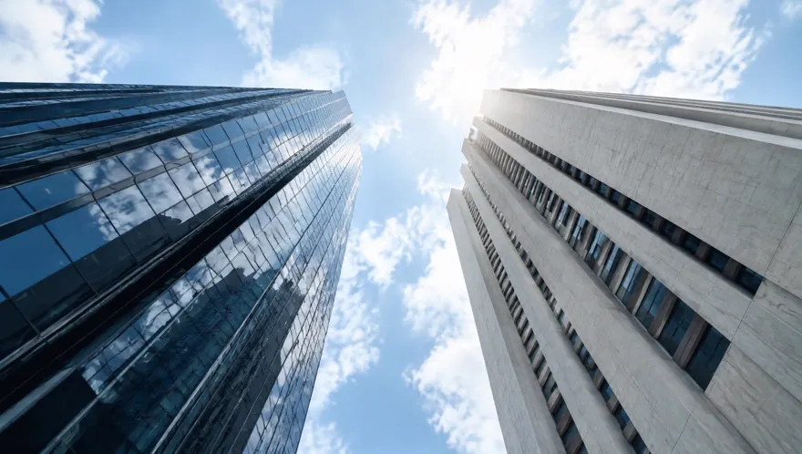 Looking up from the ground between two contrasting tall city towers under a bright sky
