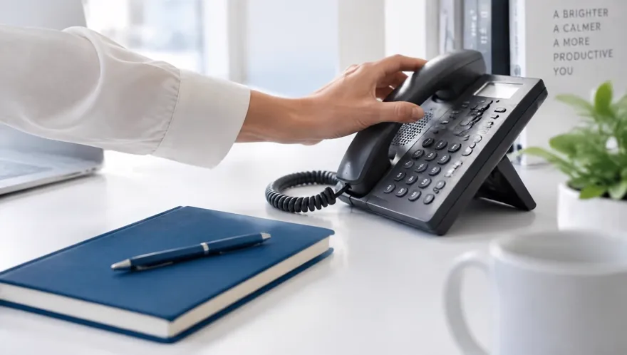 Close-up of a hand reaching for a desk phone handset in bright daylight beside a deep blue notebook