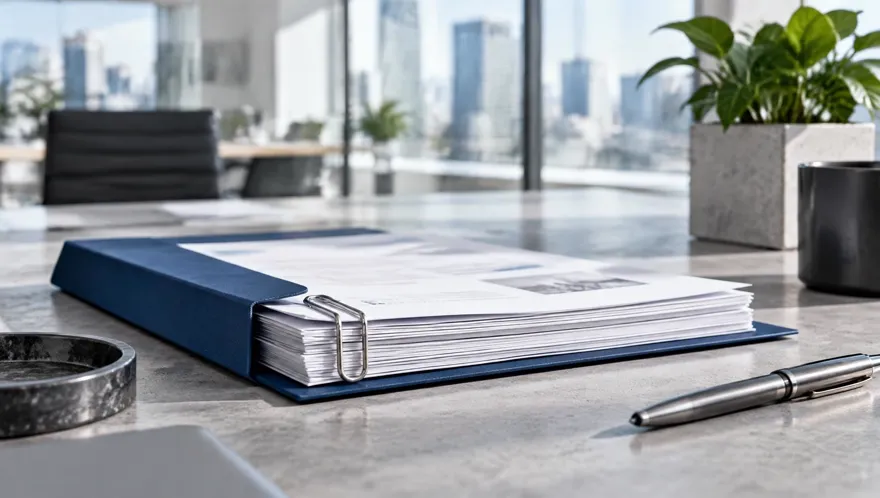 Stack of printed documents in a deep blue folder on a concrete desk in a bright glass office