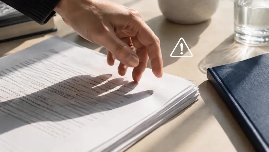 Close-up of a hand pausing over a stack of printed contract pages in strong window light