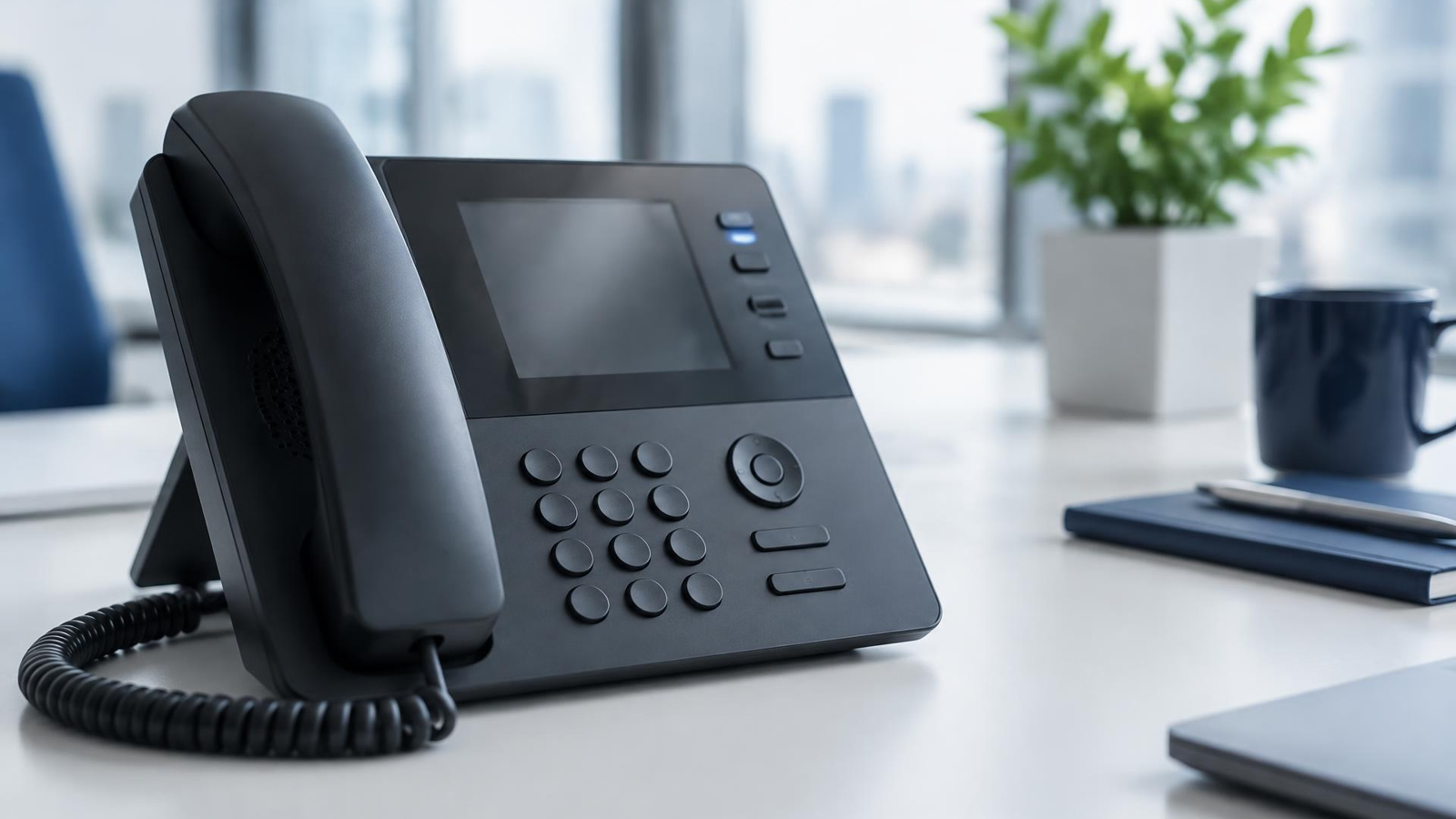 Close-up of an office desk phone with one line button lit