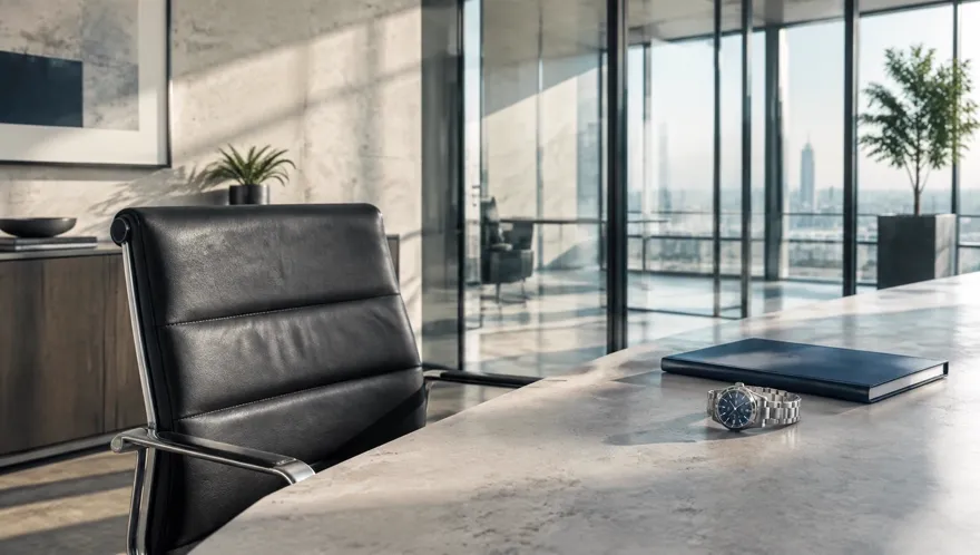 Empty leather executive chair at a concrete desk with a steel watch and deep blue notebook in a bright, modern law office