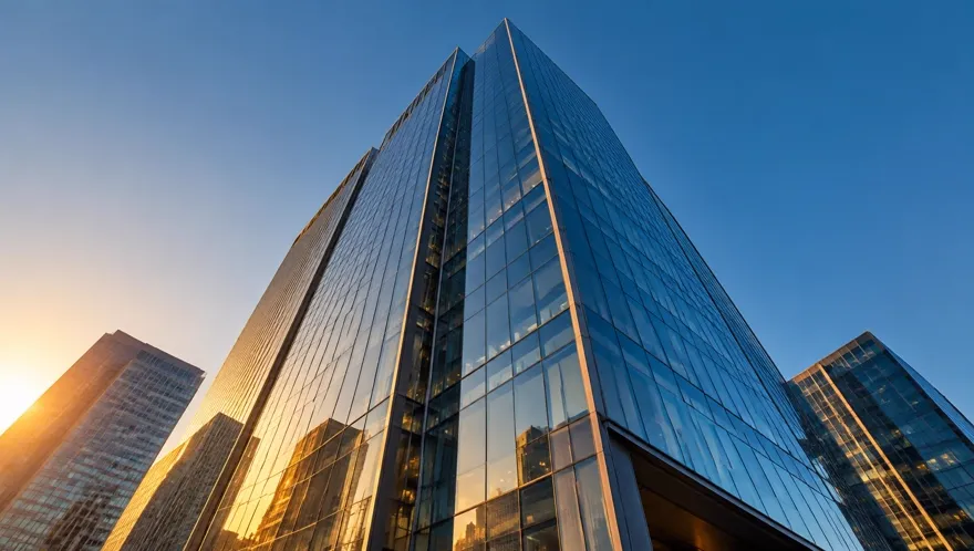 A modern glass office tower seen from street level at golden hour