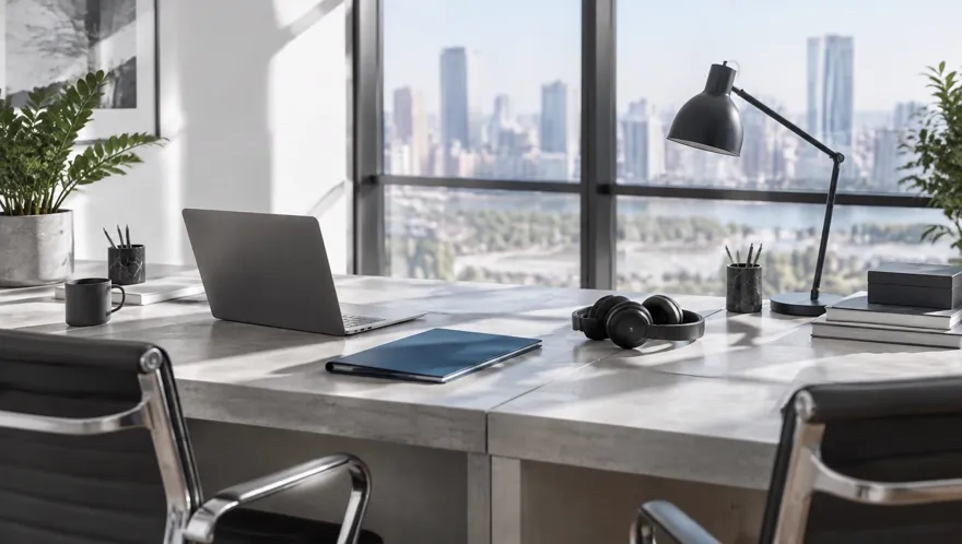 Two empty desks with a laptop, headset and deep blue folder in a bright minimal office