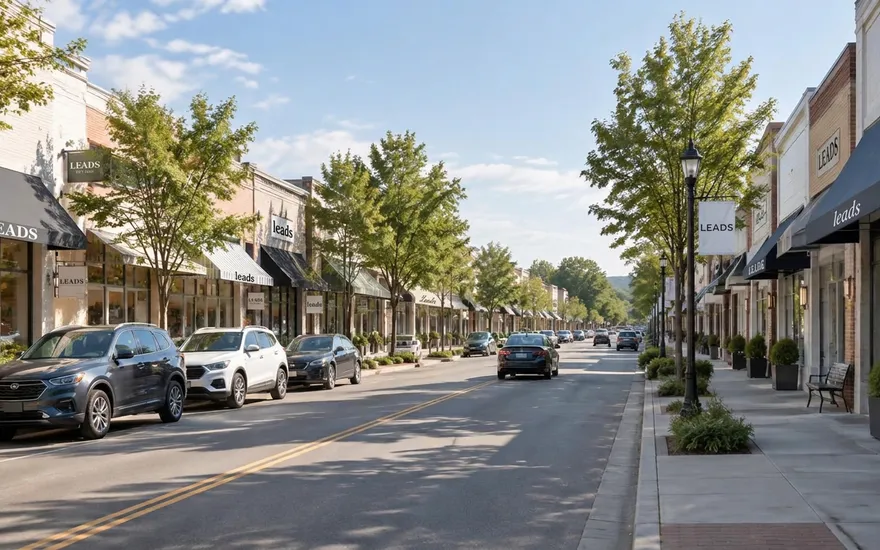 Quiet suburban street with white houses, neat lawns and a road curving into the distance