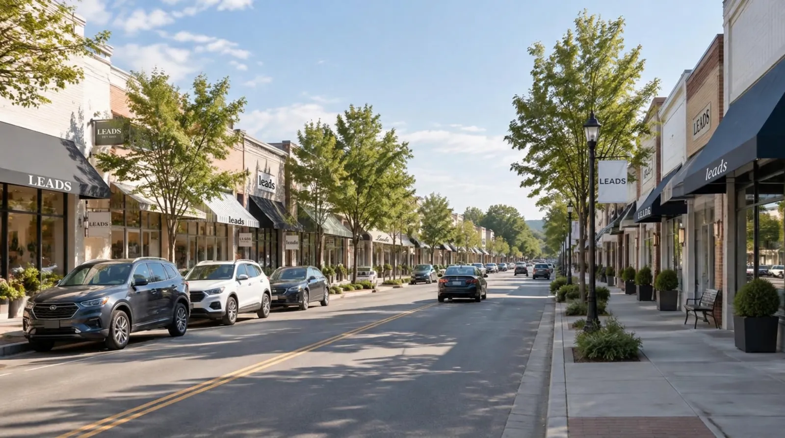 Quiet suburban street with white houses, neat lawns and a road curving into the distance