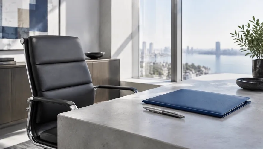 Empty leather office chair beside a concrete desk with a deep blue file folder and steel pen in a bright office