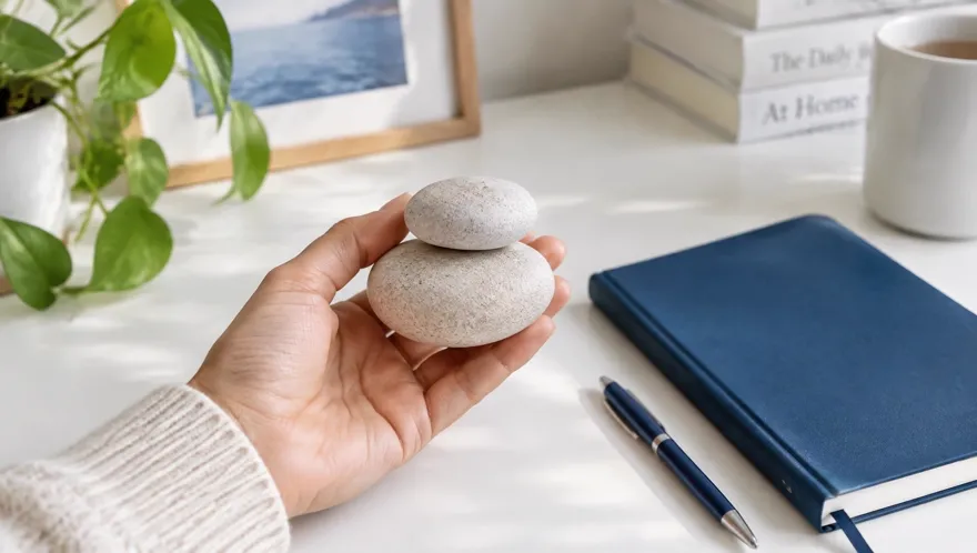 Close-up of a hand weighing two smooth stones above a pale desk beside a deep blue notebook